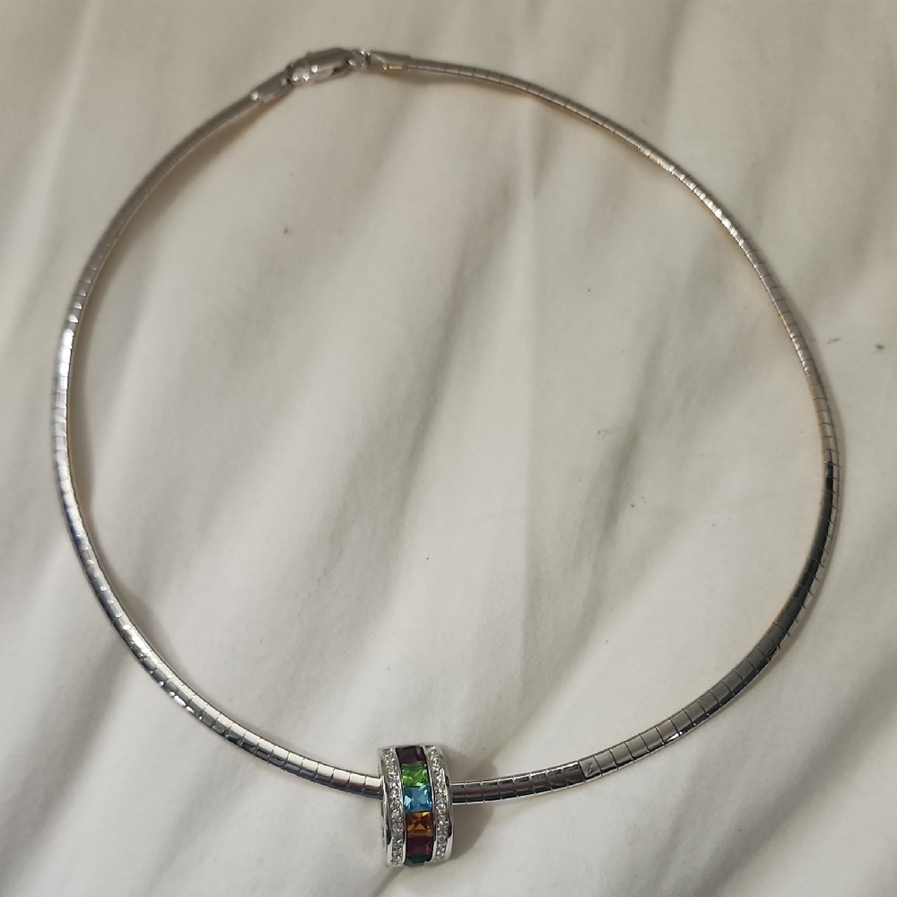 Elegant Silver Necklace with Multicolor Pendant. Reversible Chain Like NEW